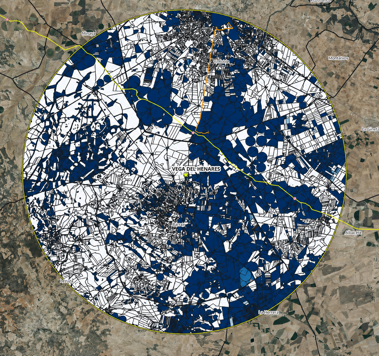 Mapa de parcelas disponibles y no disponibles alrededor de Vega del Henares